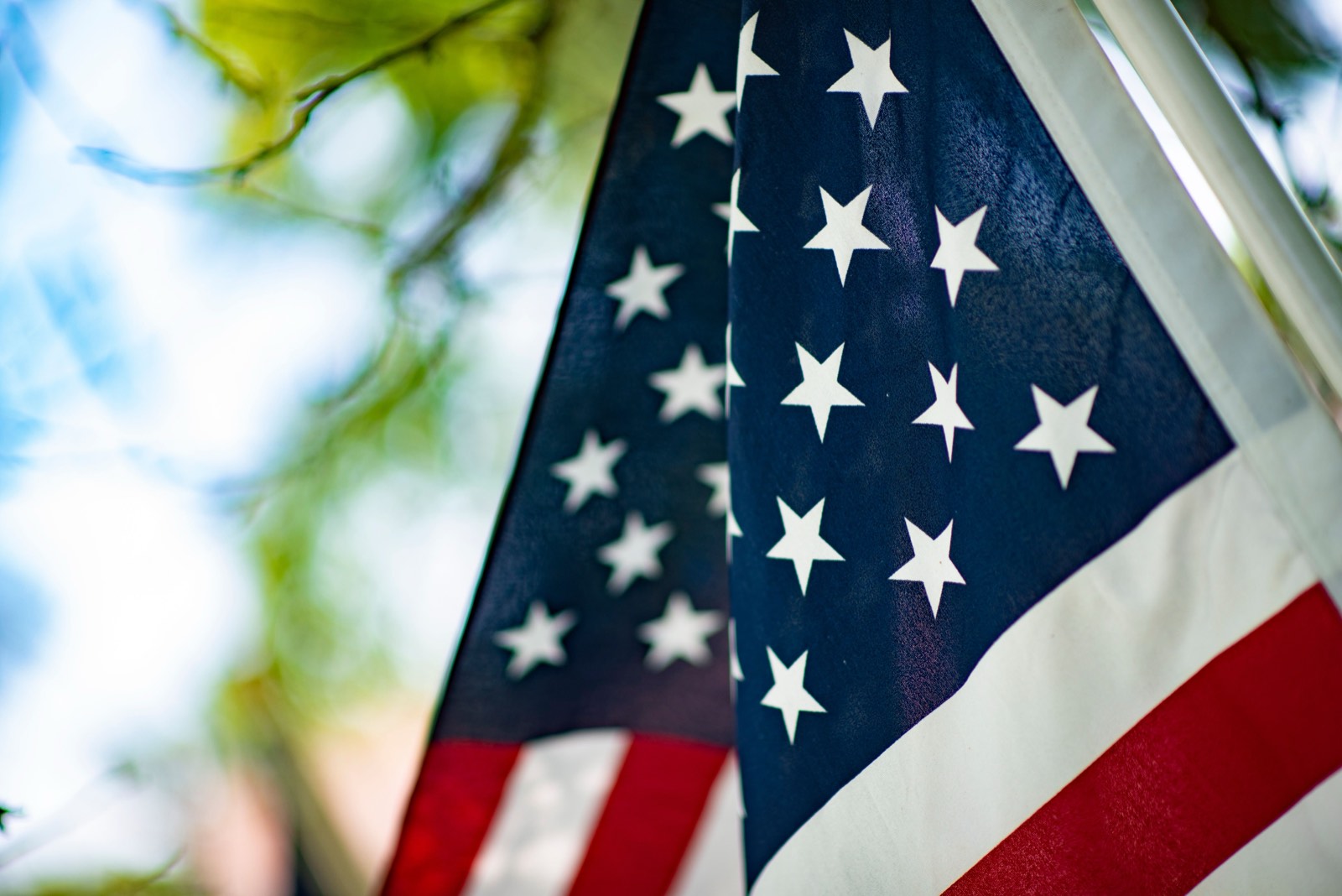Close view of an American flag in sunlight